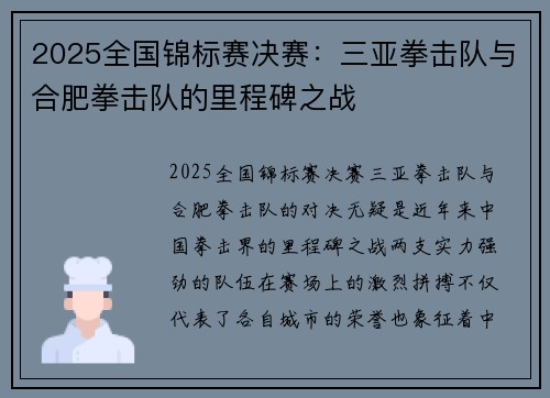 2025全国锦标赛决赛：三亚拳击队与合肥拳击队的里程碑之战